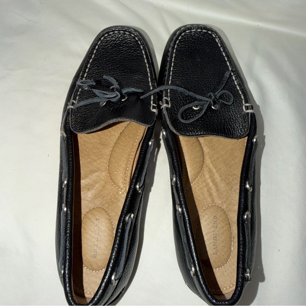 Lands' End Black Leather Moccasin Loafer Driving Shoes with Contrast Stitching - Picture 3 of 4